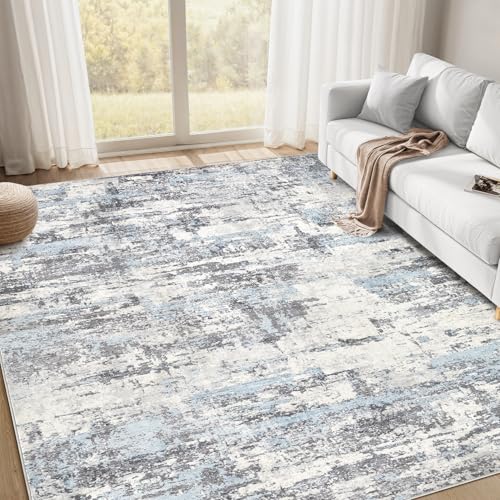 Living Room Rug 5x7: Modern Neutral Abstract Aesthetic- Blue Grey
