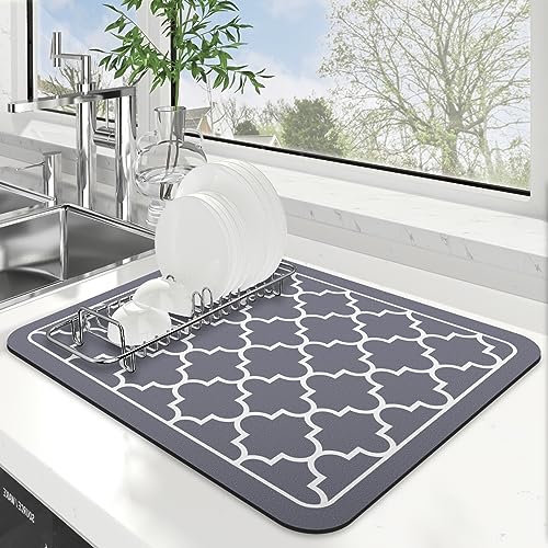 WISELIFE Dish Drying Mat Super Absorbent Drying Mat Large Dish Drying Mats for Kitchen Counter Easy Clean Dish Mat Kitchen Drying Mat 15" x 18" Stylish Grey