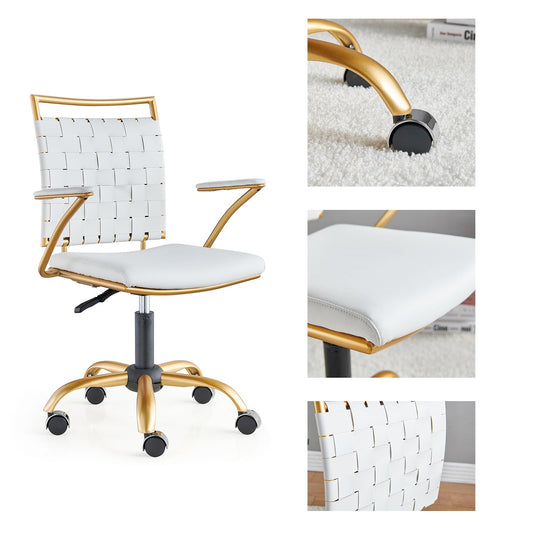 CAROCC Modern Leather Desk Chair White and Gold Office Chairs Mid Back Conference Chairs Swivel Adjustable Computer Chair with Arms and Wheels Comfortable（gd-White）