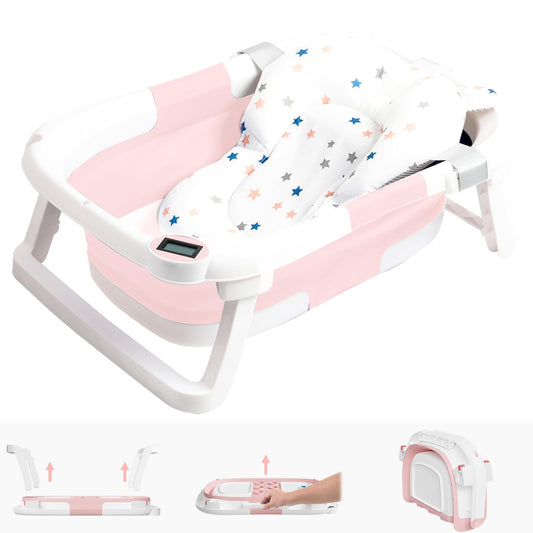 NAPEI Collapsible Baby Bathtub,Baby Bath Tub with Soft Cushion & Thermometer,Baby Bathtub Newborn to Toddler 0-36 Months,Portable Travel Baby Tub,Pink