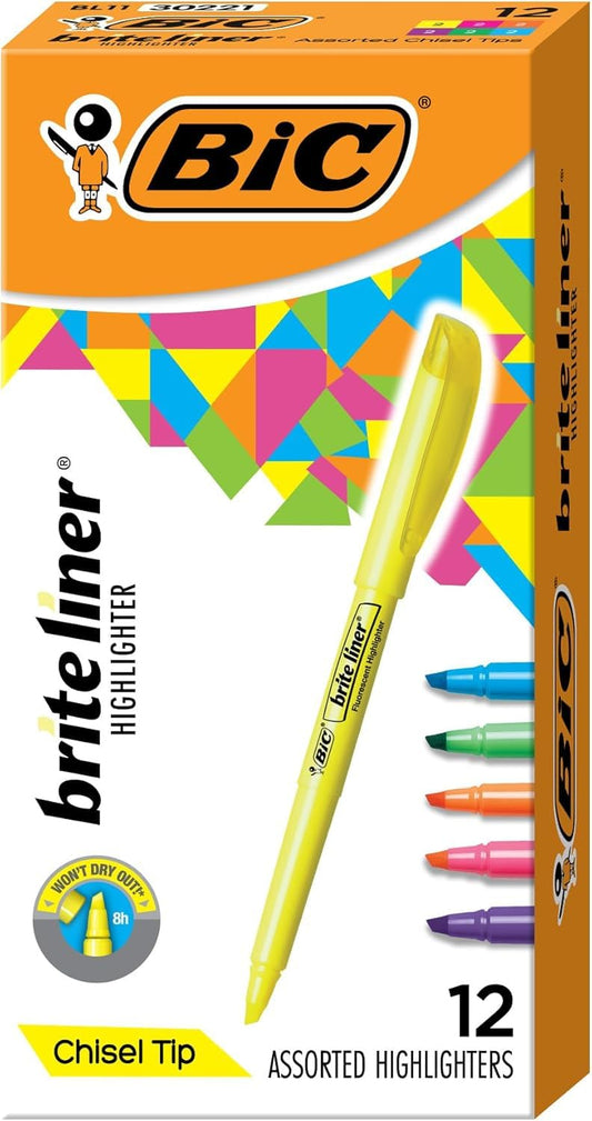 BIC Brite Liner Highlighters, Chisel Tip, 12 Count