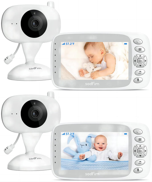 sodfim Baby Monitor with Camera and Audio 2 PCS, 4.3" Baby Camera Monitor No WiFi, 4X Zoom, 1000FT Long Range, Night Vision 360° Rotation Wireless Video Baby Monitor