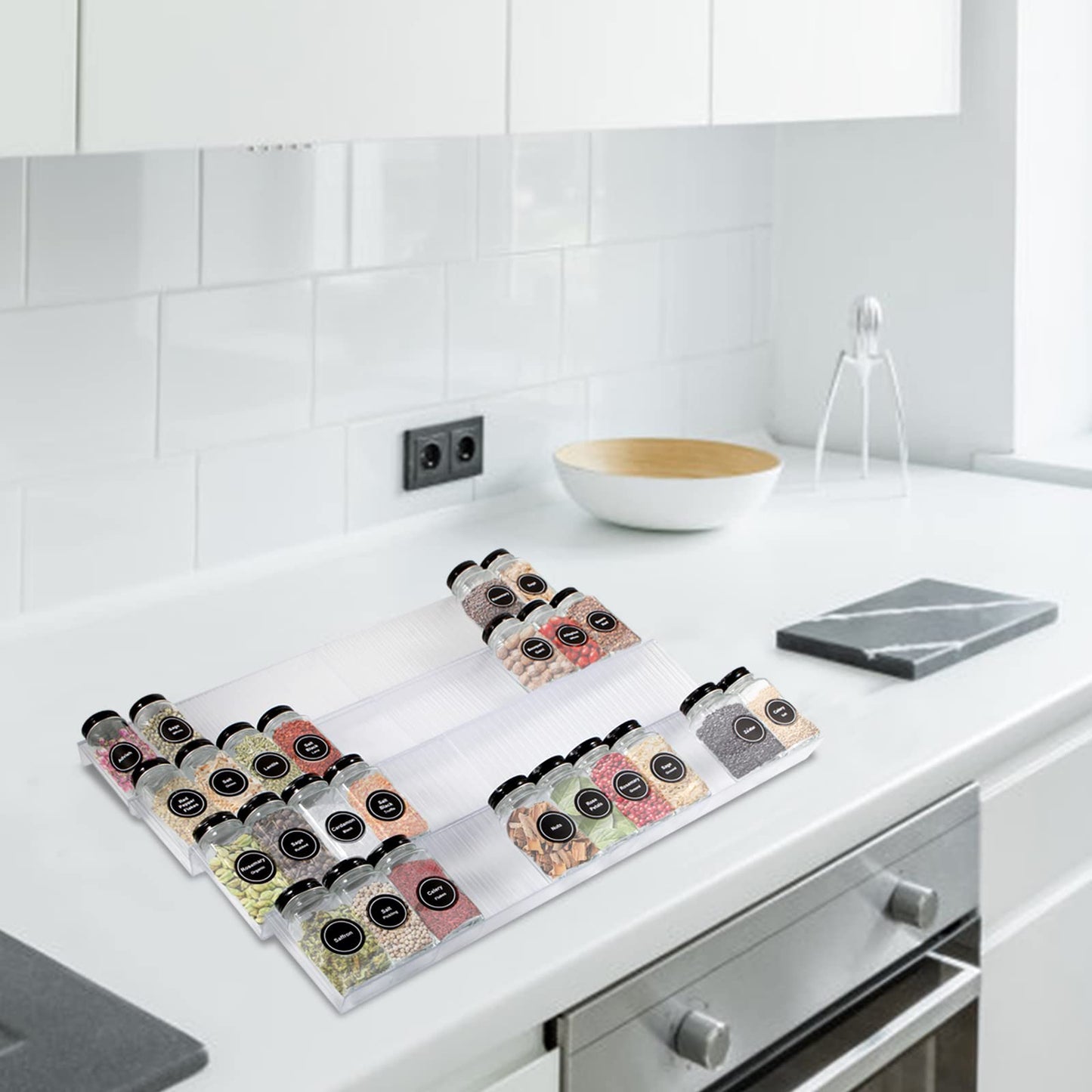 Nisakto Spice Drawer Organizer, Acrylic 4-Tier Spice Rack Drawer for Kitchen, Expandable 13" to 26"