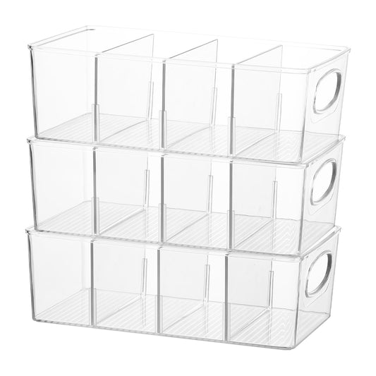 4-Section Divided Storage Plastic Bins, 3 Pack
