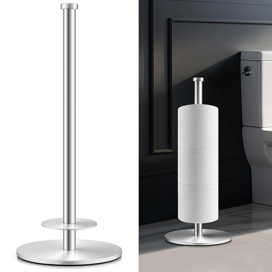 Toilet Paper Holder, Stainless Steel Bathroom Toilet Paper Holder Stand, Space-Saving Toilet Paper Roll Holder, Free Standing Toilet Paper Holder with Non-Slip Stable Base (Silver)