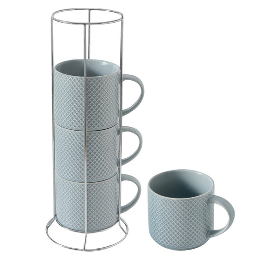 Hasense Coffee Mugs with rack, 15 Ounce Porcelain Stackable Large Ceramic Blue Coffee Cups Set of 4 with handle for Drinks Like Tea, Cappuccino, Milk, Mocha and Cereal, Microwave & Dishwasher Safe
