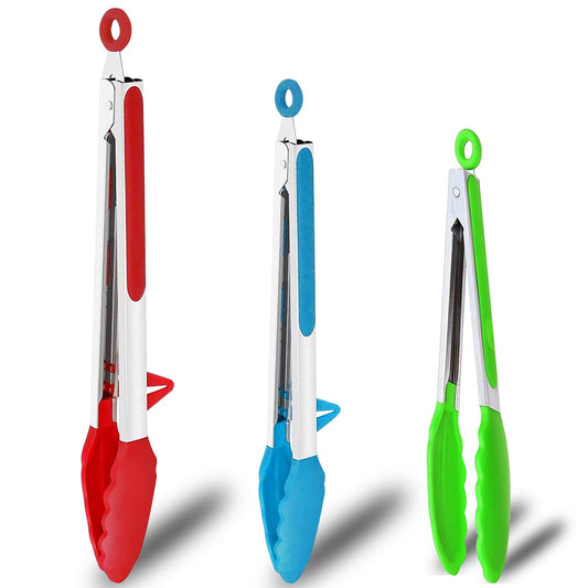 Mekbok Kitchen Tongs with Silicone Tips and Stands, Cooking Tongs, Bbq Grill Tongs, Set of 3