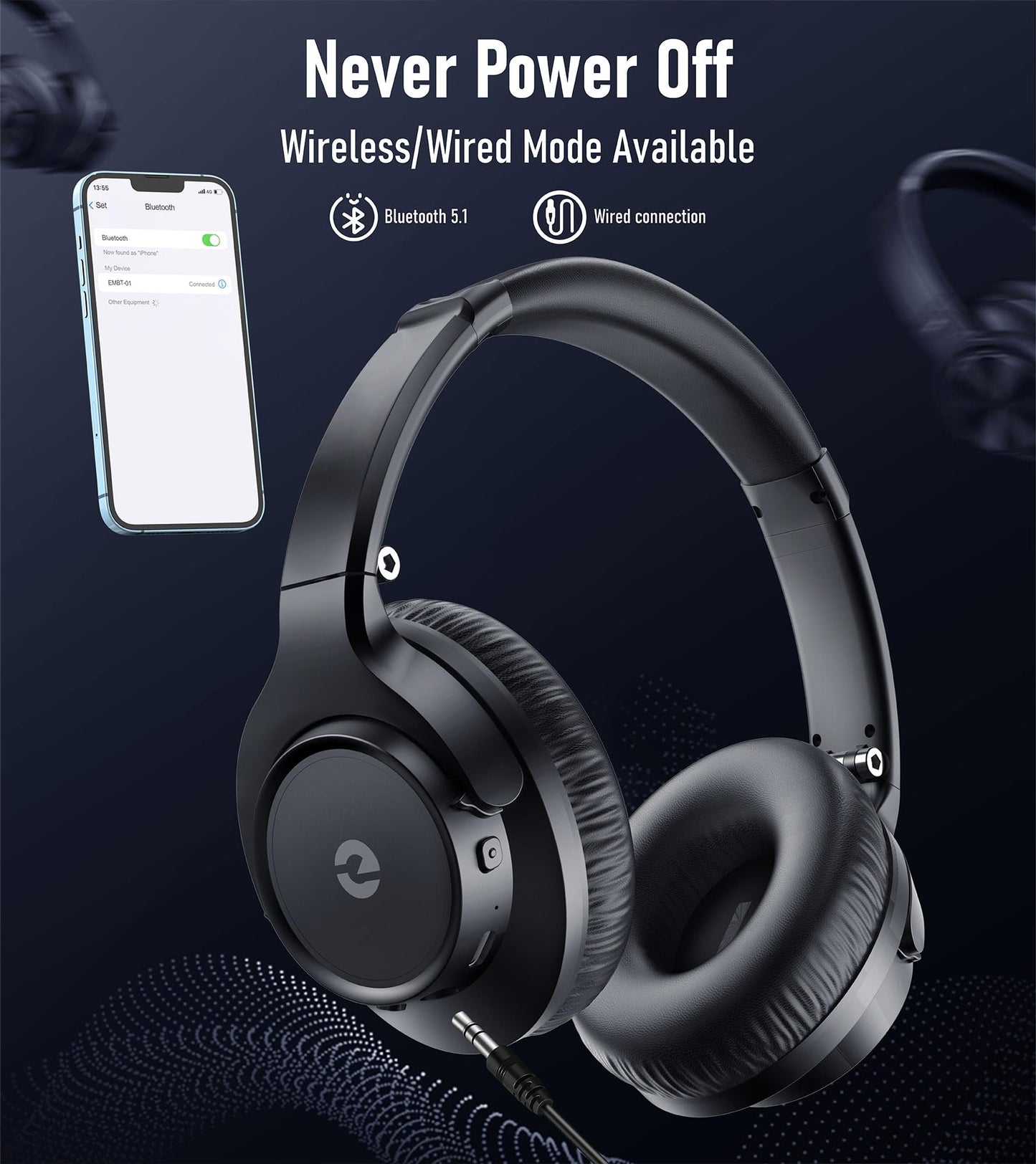 Bluetooth Headphones, Wireless headphones bluetooth, 70H Playtime Headphones Wireless Bluetooth 5.1 with With Mic & 3EQ Modes, Over Ear Headphones HiFi Stereo for Home Traver Work PC/Callphones
