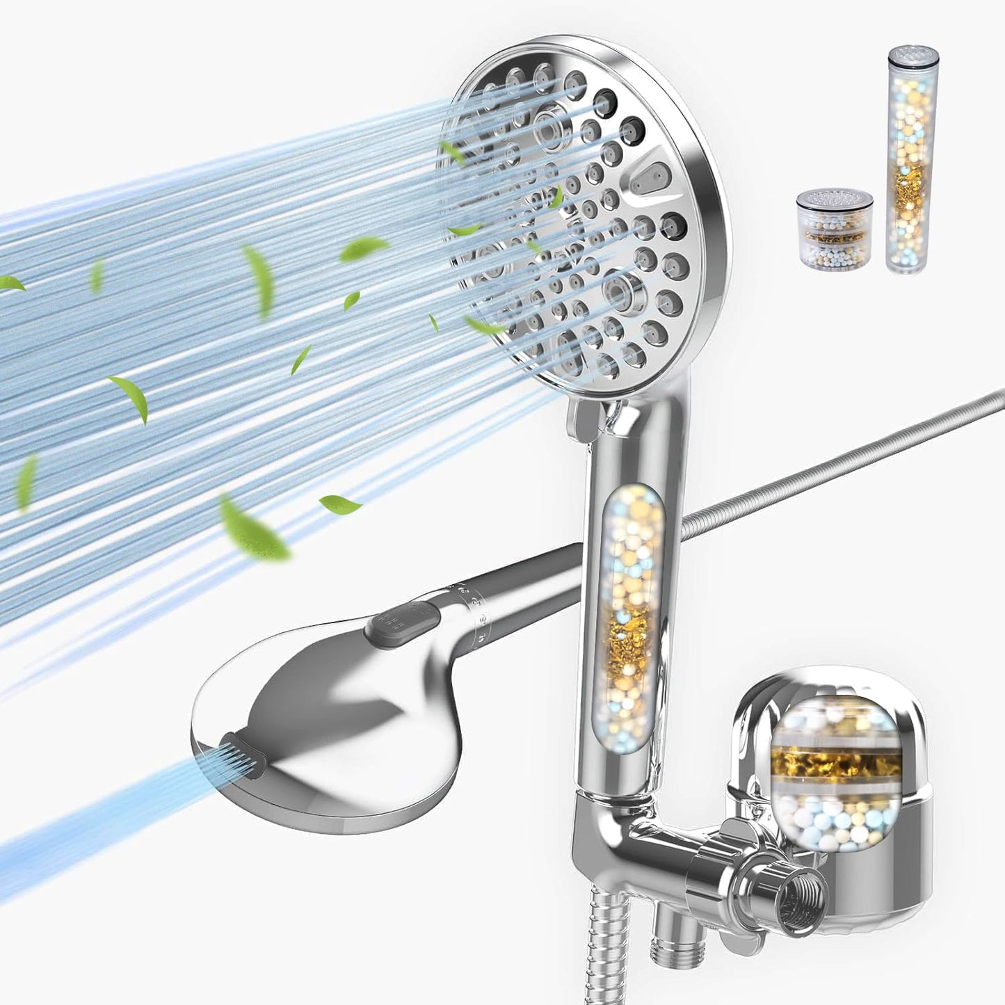 Filtered Shower Head with Handheld, High Pressure 10 Spray Mode Showerhead with Dual Filters - Detachable shower head, Water Softener Filters Beads for Hard Water