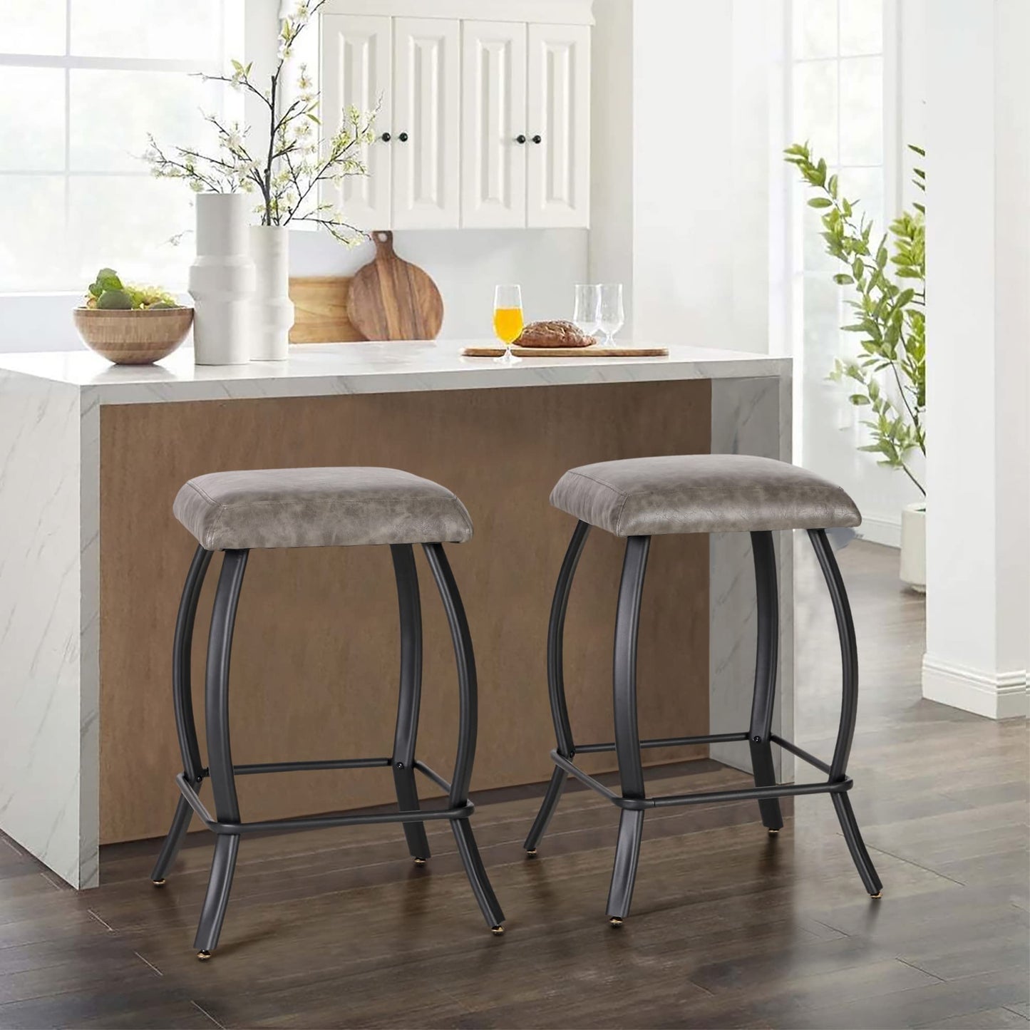 ALPHA HOME 26" Bar Stools Counter Height Bar Stools with Footrest PU Leather Backless Kitchen Dining Cafe Chair with Thick Cushion & Sturdy Chromed Metal Steel Frame Base for Indoor,Grey,2PCS