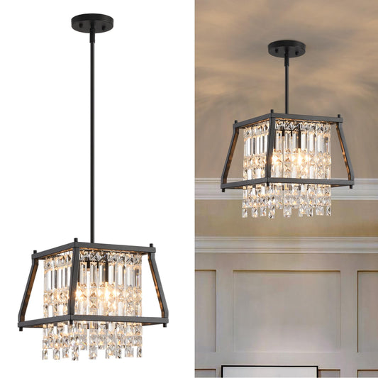 LMQNINE Dining Room Light Fixture Farmhouse Chandelier Black Metal Crystal Pendant Light for Kitchen Island Dining Room Living Room Flat and Inclined Ceiling (Trapezoid -11.81in)