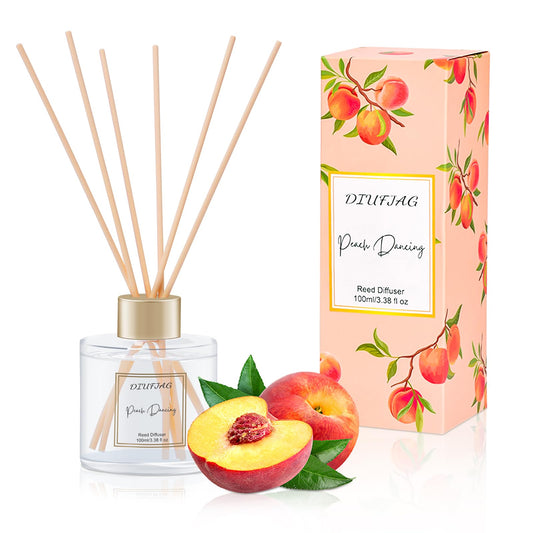 100ml Scent Diffuser with 6 Fiber Sticks, 3.5 oz Reed Diffuser Set Aromatherapy Fragrance Diffusers Air Fresheners for Home Bedroom Bathroom (Peach)