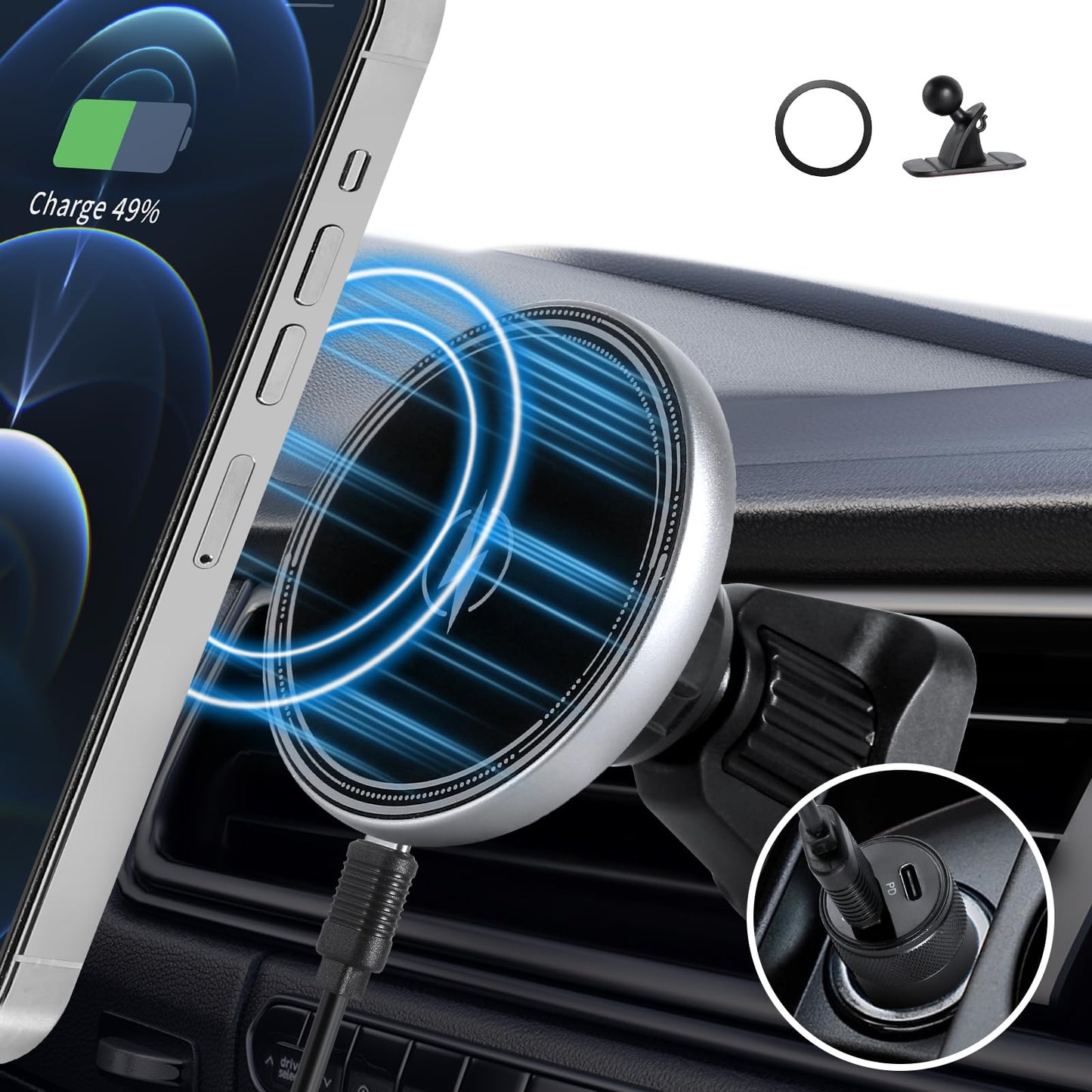 elfish mage for Magsafe Car Mount Charger, 15W Fast Charging Magnetic Wireless Car Charger, [Powerful Magnets] Magnetic Air Vent Car Phone Holder Compatible with iPhone14/13/12 Magsafe Case