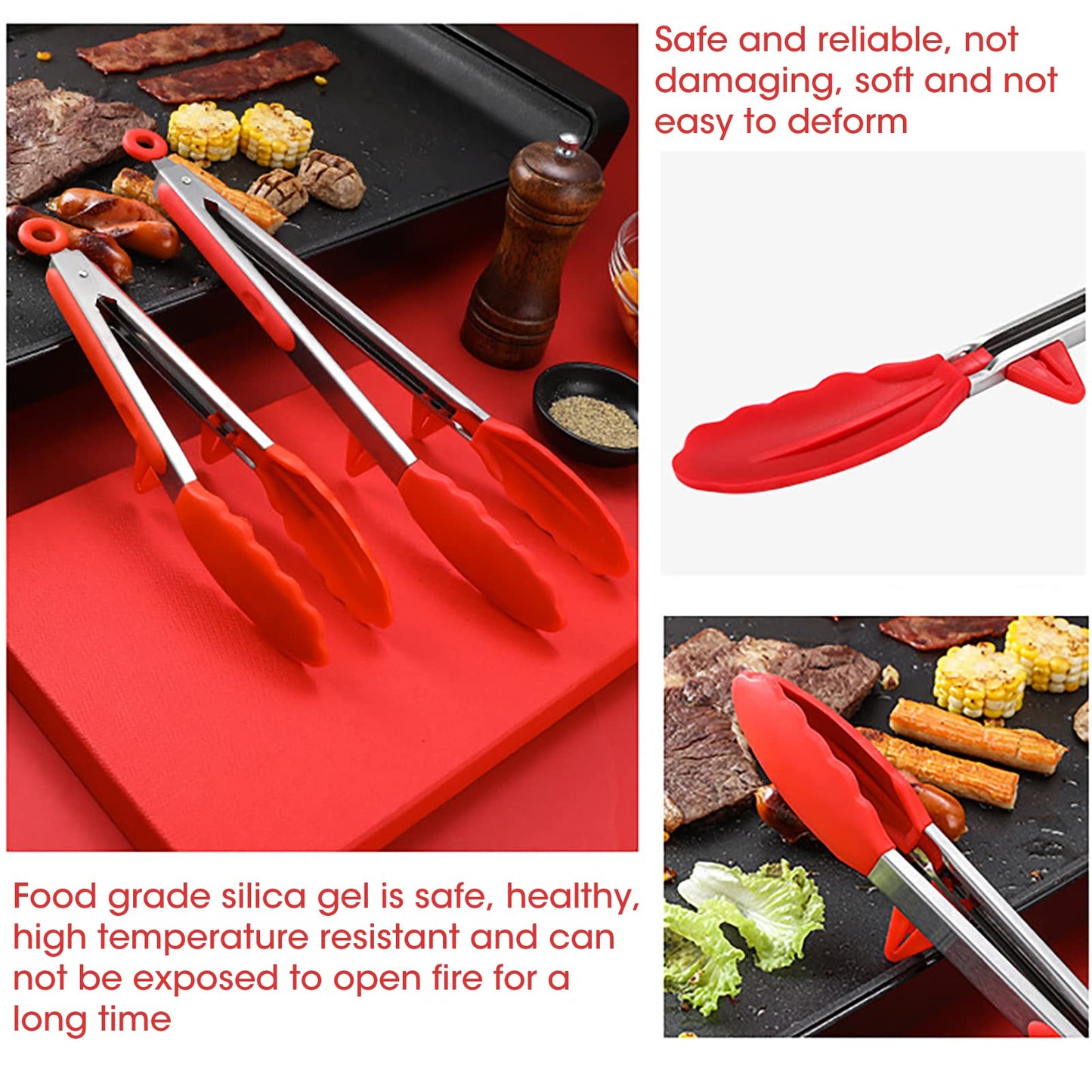 Mekbok Kitchen Tongs with Silicone Tips and Stands, Cooking Tongs, Bbq Grill Tongs, Set of 3