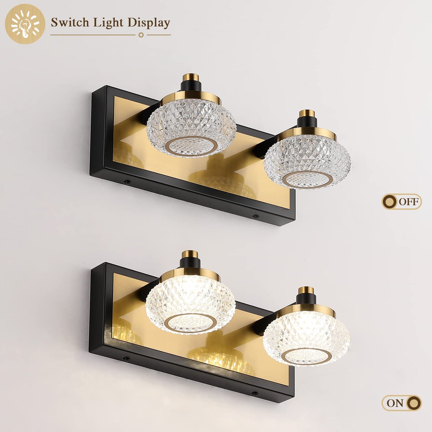 7Degobii 2-Light Bathroom Vanity Light Fixture Over Mirror Modern LED Acrylic Wall Lights for Bathroom 12" Inch Long Dimmable Black and Gold Color 4000K 10W 110V AC.
