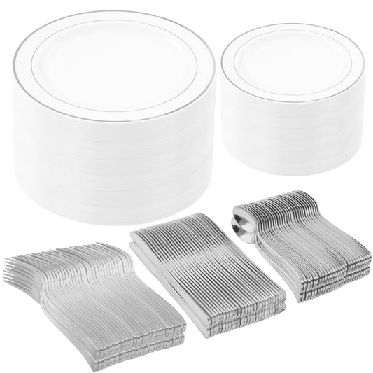 250pcs Silver Plastic Dinnerware Sets