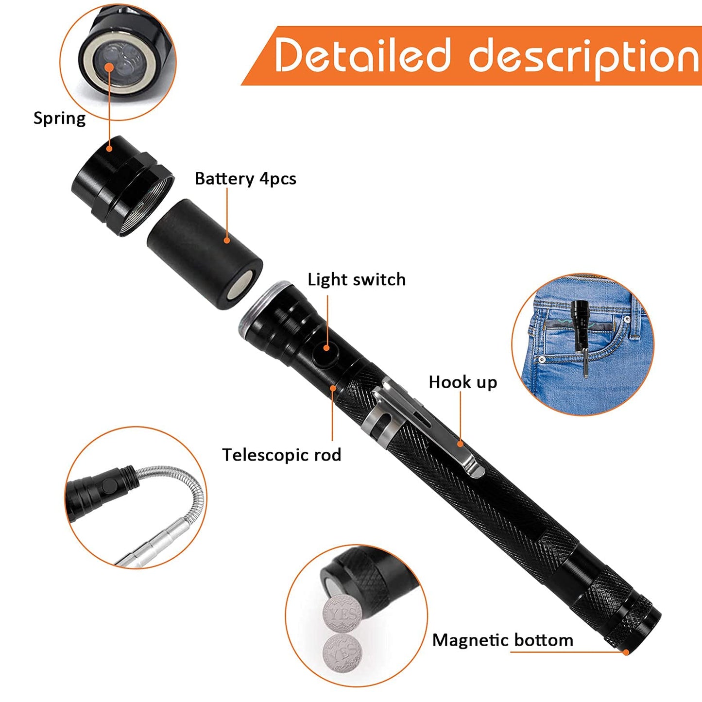 KUCHEY Fathers Day Dad Gifts for Him Magnetic Flashlight Pickup Tool Stocking Stuffers for Men Cool Magnet Telescoping Gadgets with LED Valentines Day for Mens Husband Christmas Gifts