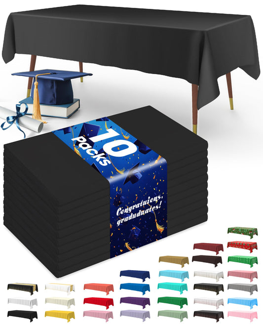 Disposable Plastic Black Table Cloth, 10 Pack