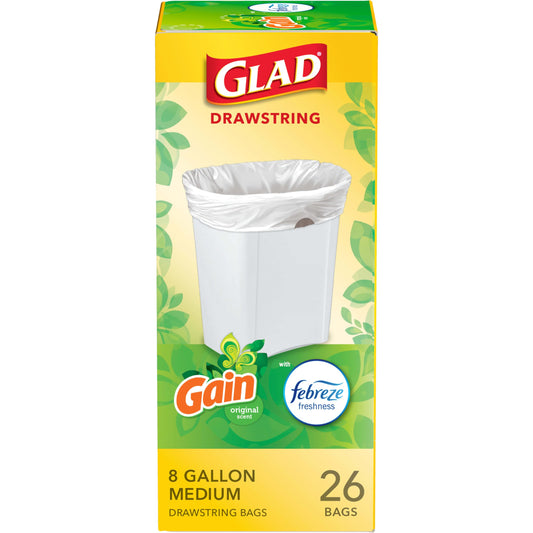 Glad Medium Drawstring Trash Bags, 8 Gal, 26 Ct