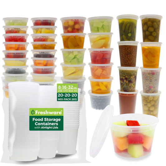 Food Storage Containers with Lids – 60-Pack (8, 16, 32 oz)