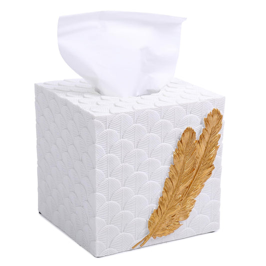 S GMOMENT Resin Square Tissue Box Cover Decorative Tissue Box Holder with Open Bottom White Tissue Holder for Bathroom Tissue Box Covers Cube Feather in Gold Tissue Box Cover