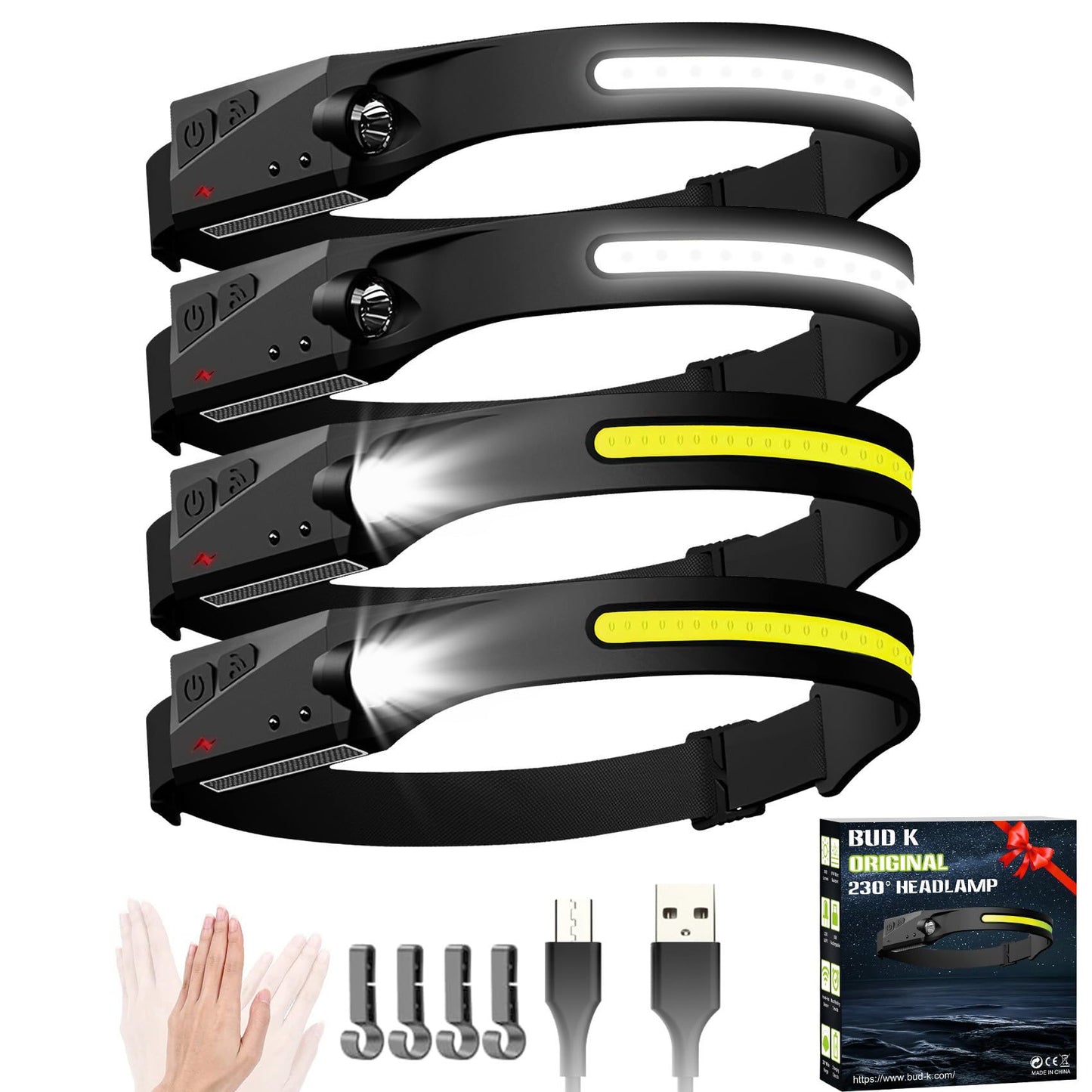 Rechargeable LED Headlamps with Motion Sensor – 4 Pack