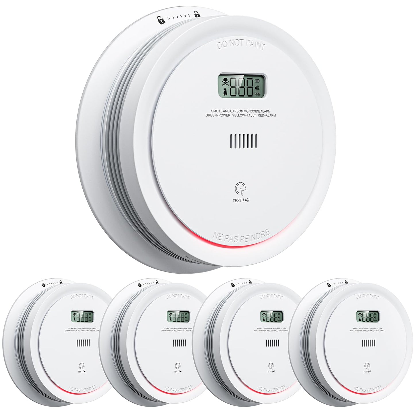 Smoke Detector Carbon Monoxide Detector Combo Battery Powered with LCD Display, 5packs