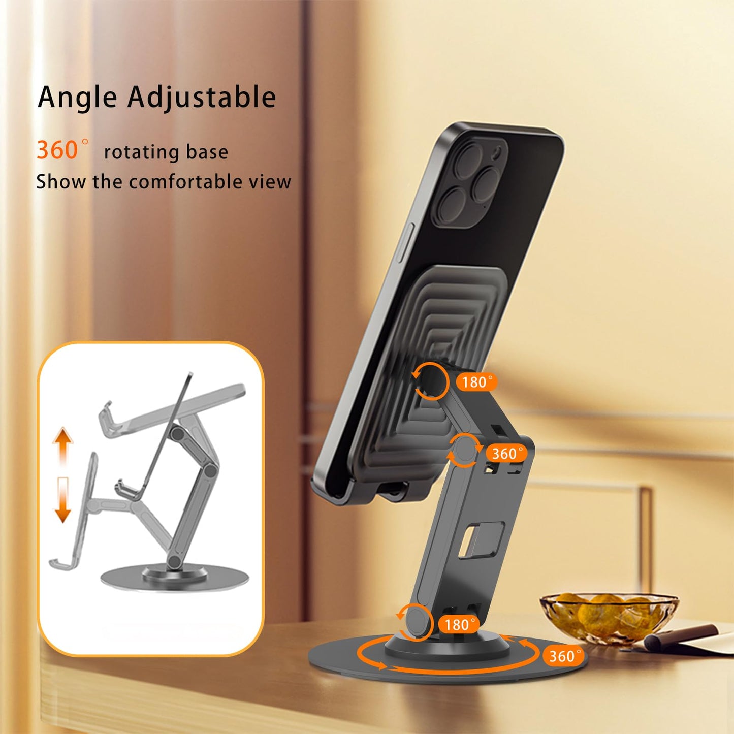 ONCHEER 360°Rotating Phone Holder for Desk, Portable & Foldable Cell Phone Stand for Office & Home, Angle & Height Adjustable Tablet Stand for All Smartphones, iPhone, iPad, Switch, Tablet - Black