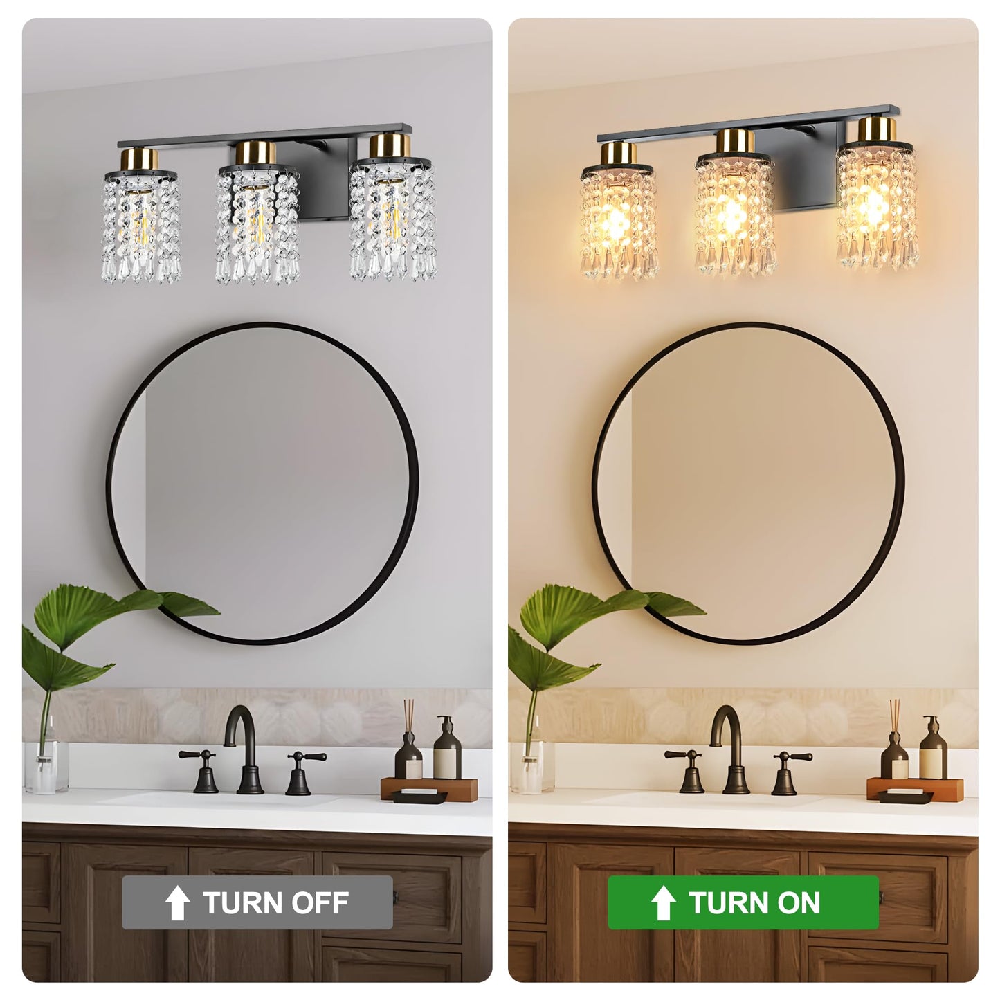 NOVELUX 3 Lights Bathroom Light Fixtures Over Mirror 2 Packs Modern Crystal Bathroom Vanity Lights Modern Matte Black K9 Crystal Vanity Light for Bathroom E26 Bathroom Lights Above Mirror