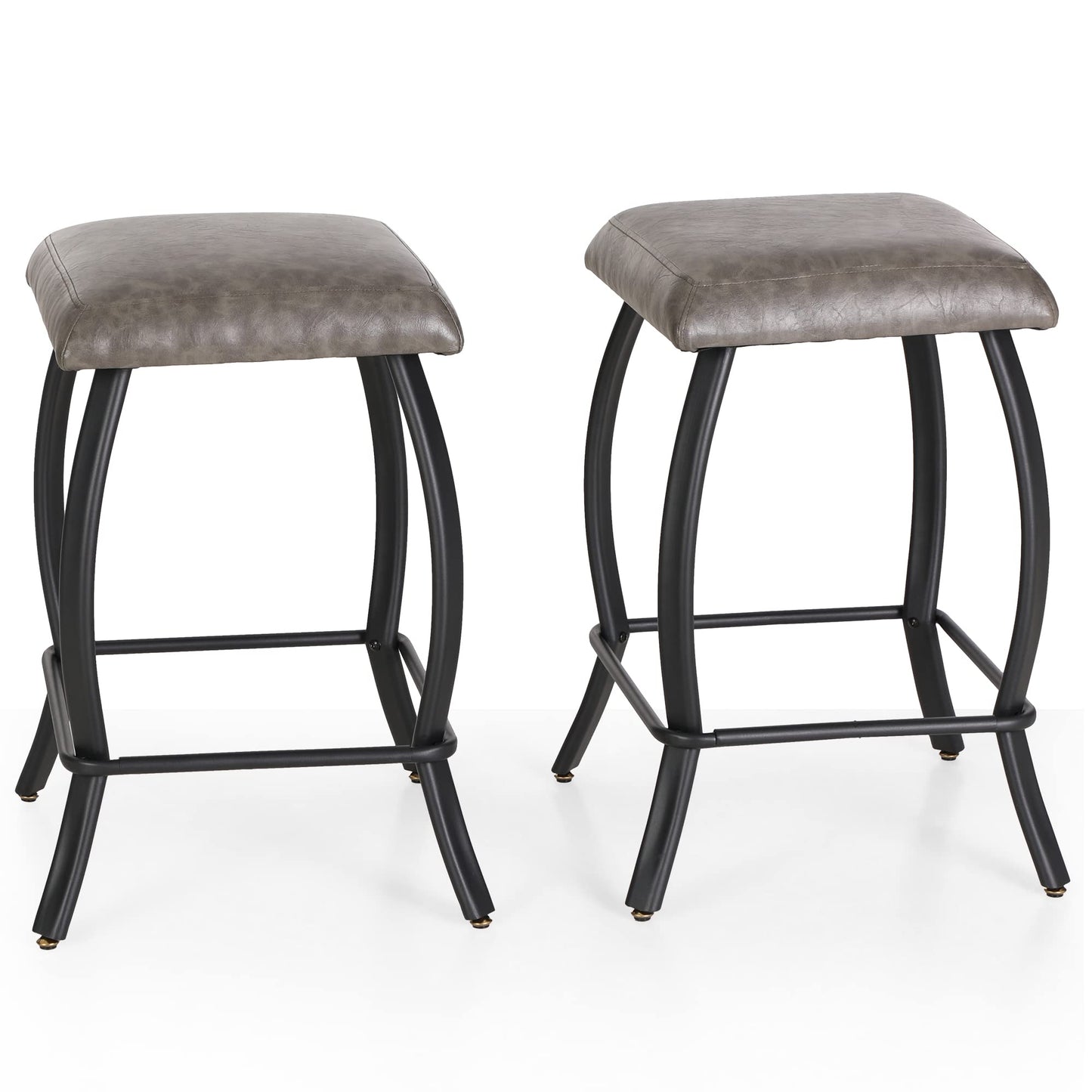 ALPHA HOME 26" Bar Stools Counter Height Bar Stools with Footrest PU Leather Backless Kitchen Dining Cafe Chair with Thick Cushion & Sturdy Chromed Metal Steel Frame Base for Indoor,Grey,2PCS