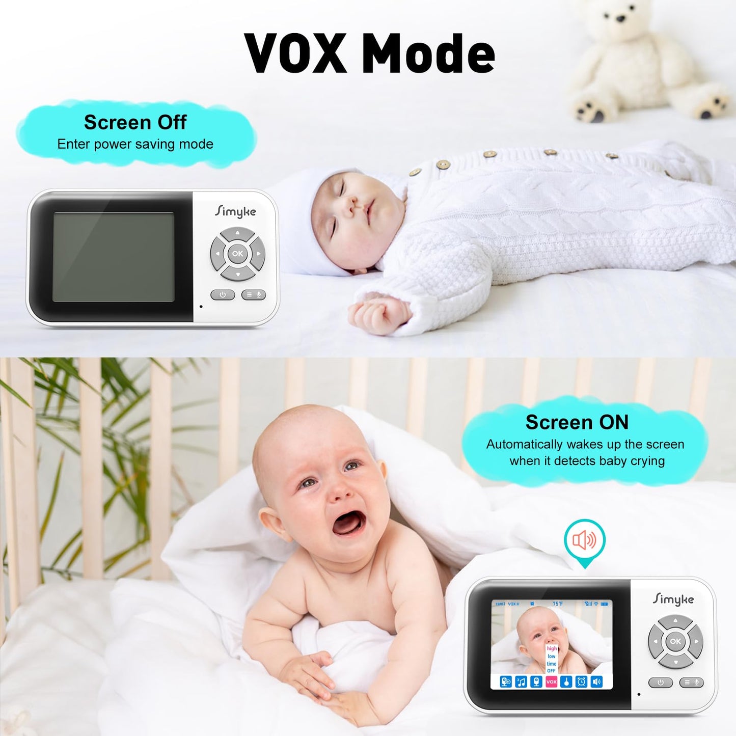 Simyke Upgrate Video Baby Monitor,WiFi Baby Camera,2.8" Display and App Control,1200ft Long Range,2 Way Talk,Auto Night Vision,Sound Alert,VOX,Temperature Sensor 5 Lullabies Feeding Remind,Home Use