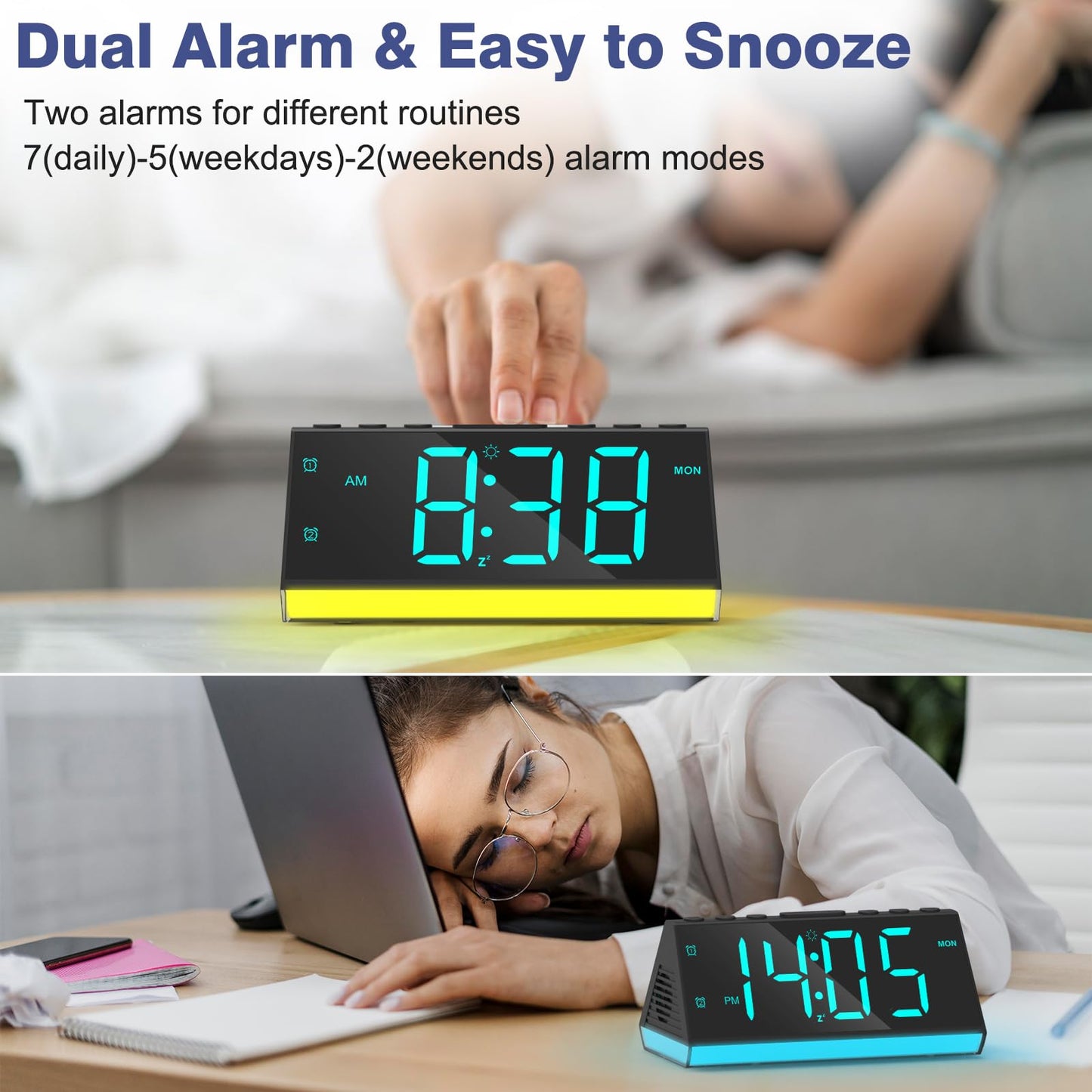 Alarm Clocks for Bedrooms, Digital Kids Alarm Clock Night Light with USB Chargers, Large Number, Dimmer, Dual Alarm, Loud Bedside Clock for Heavy Sleepers Teens Living Room Desk Nightstand, Plug-in