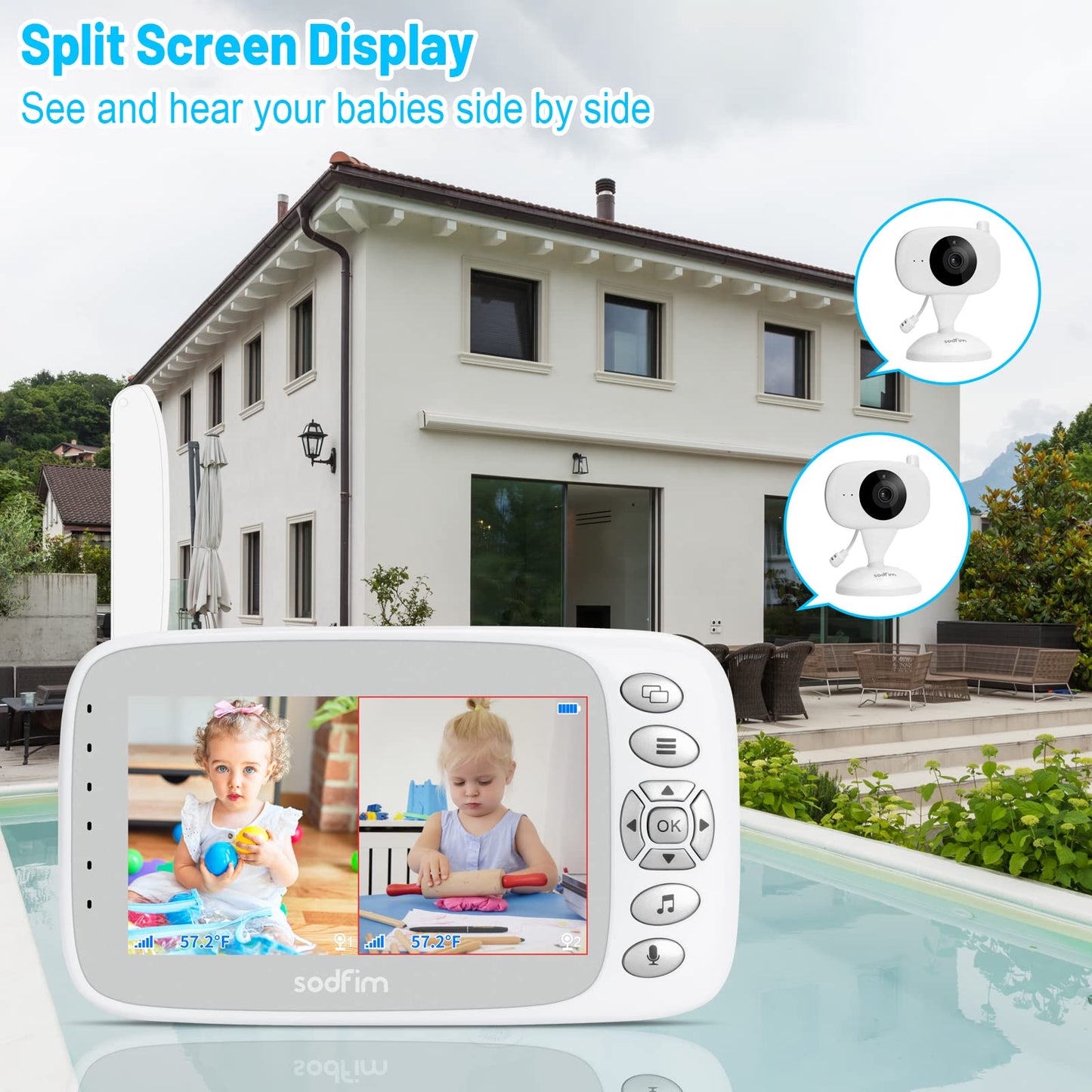 sodfim Baby Monitor with Camera and Audio 2 PCS, 4.3" Baby Camera Monitor No WiFi, 4X Zoom, 1000FT Long Range, Night Vision 360° Rotation Wireless Video Baby Monitor