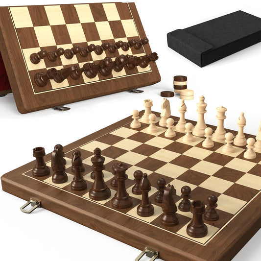 15" Magnetic Wooden Folding Chess & Checkers