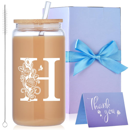 Initial Glass Cups with Lids and Straws, 16oz