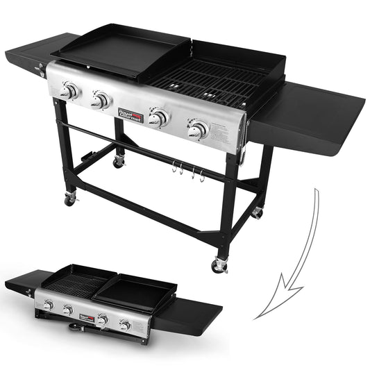 Royal Gourmet Portable Propane Gas Grill and Griddle Combo with Side Table | 4-Burner, Folding Legs, 66 Inch