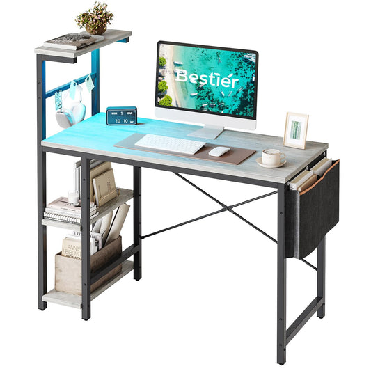 Bestier Computer Desk with 4 Tiers Shelves, Gaming Desk with LED Lights, 44 Inch Office Desk with Storage Bag & Printer Shelf (Retro Grey Oak)