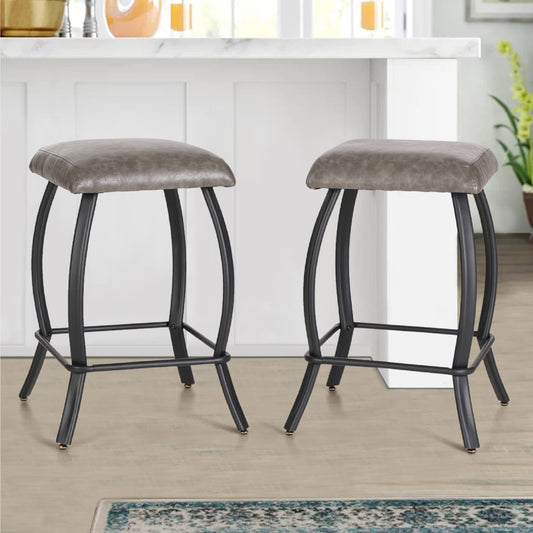 ALPHA HOME 26" Bar Stools Counter Height Bar Stools with Footrest PU Leather Backless Kitchen Dining Cafe Chair with Thick Cushion & Sturdy Chromed Metal Steel Frame Base for Indoor,Grey,2PCS