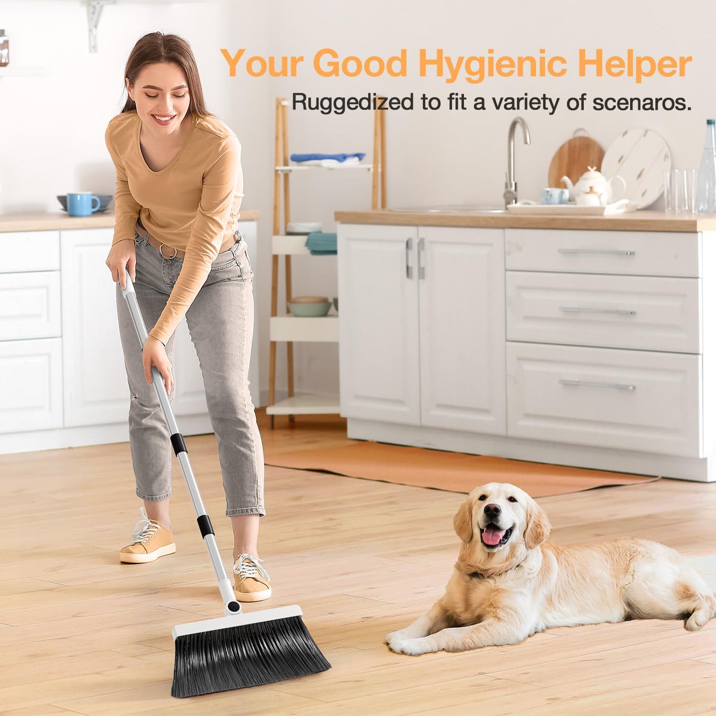 Broom with Dustpan Combo Set,UOEOS One-Sweep Clean,Pet Hair Removal Broom with Self-Cleaning Double-Layer Teeth,High Density Broom and Windproof Dustpan for Indoor&Outdoor,Standing Broom Holder Set