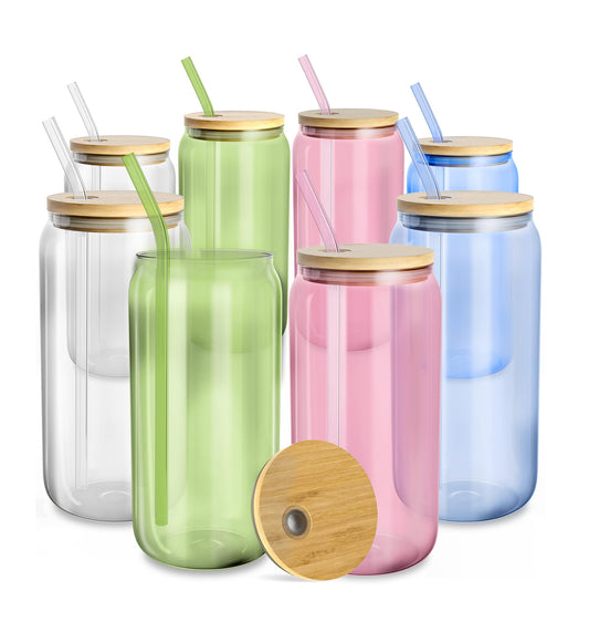fullstar Glass Cups with Lids and Straws (Multicolor, 8 Pack)