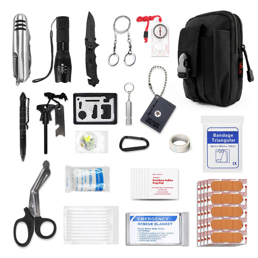 Kitgo Camping Emergency Tourniquet Survival Kit Safety First Aid Kit for Friend with Pro Tool Outdoor Survival Gear Tactical Small Molle Pouch for Home Hiking Hunting (Black)