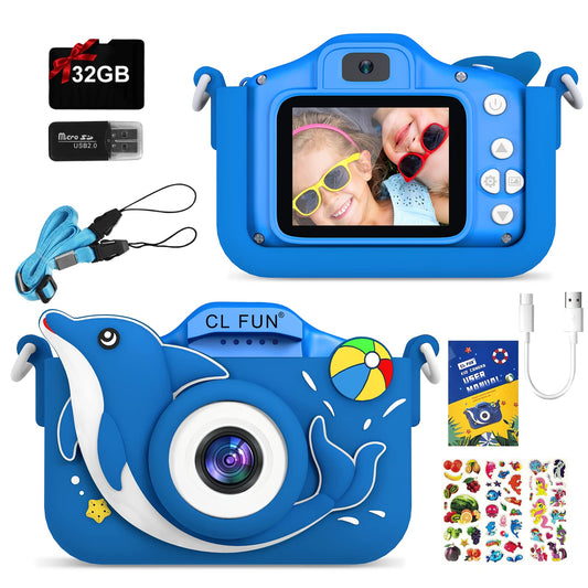 CL FUN Kids Camera, Toy Camera for Kids Girls/Boys Age 3-12, Toddler Digital Video Camera with Silicone Cover, Portable Toy Camera with 32GB SD Card, Christmas Birthday Gifts for Kids-Dark Blue