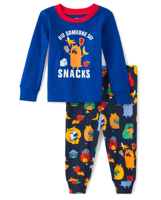 The Children's Place Baby Boys' and Toddler Long Sleeve Top and Pants Snug Fit 100% Cotton 2 Piece Pajama Set, Snack Monster