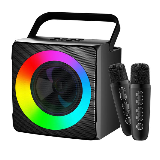 Portable Bluetooth Karaoke System with Two Wireless Microphones and Colorful Lights