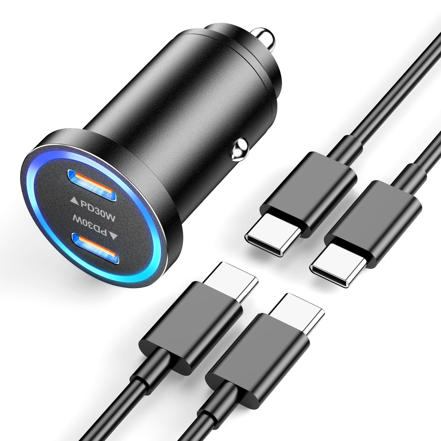 [MFi Certified] iPhone 15 Fast Car Charger, Mini 60W All Metal Dual USB C Car Charger Fast Charging Adapter & 2 Pack USB C to USB C Cord for iPhone 15/15 Plus/15 Pro/15 Pro Max/iPad Pro/Air/Mini