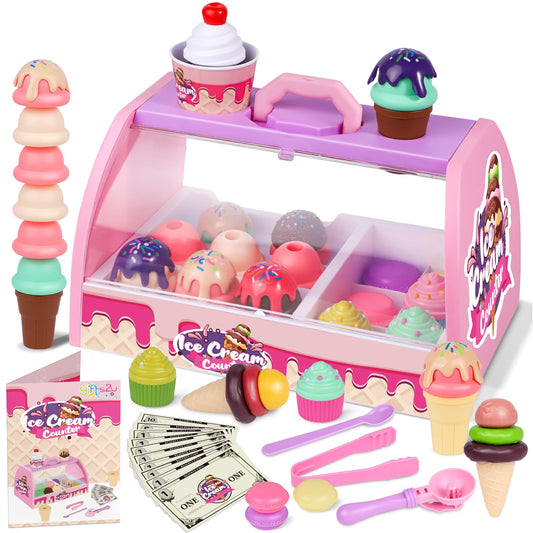 Gifts2U Ice Cream Toys for Kids, 48 Pcs Ice Cream Counter Playset - Scoop and Serve Ice Cream Counter