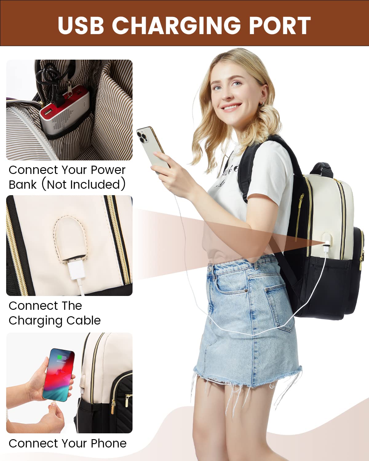 LOVEVOOK Laptop Backpack for Women, 15.6 Inch Backpack Purse with USB Port, Waterproof Travel Business Work Laptop Bag, Fashion Doctor Professor Nurse Backpack, Beige-Black