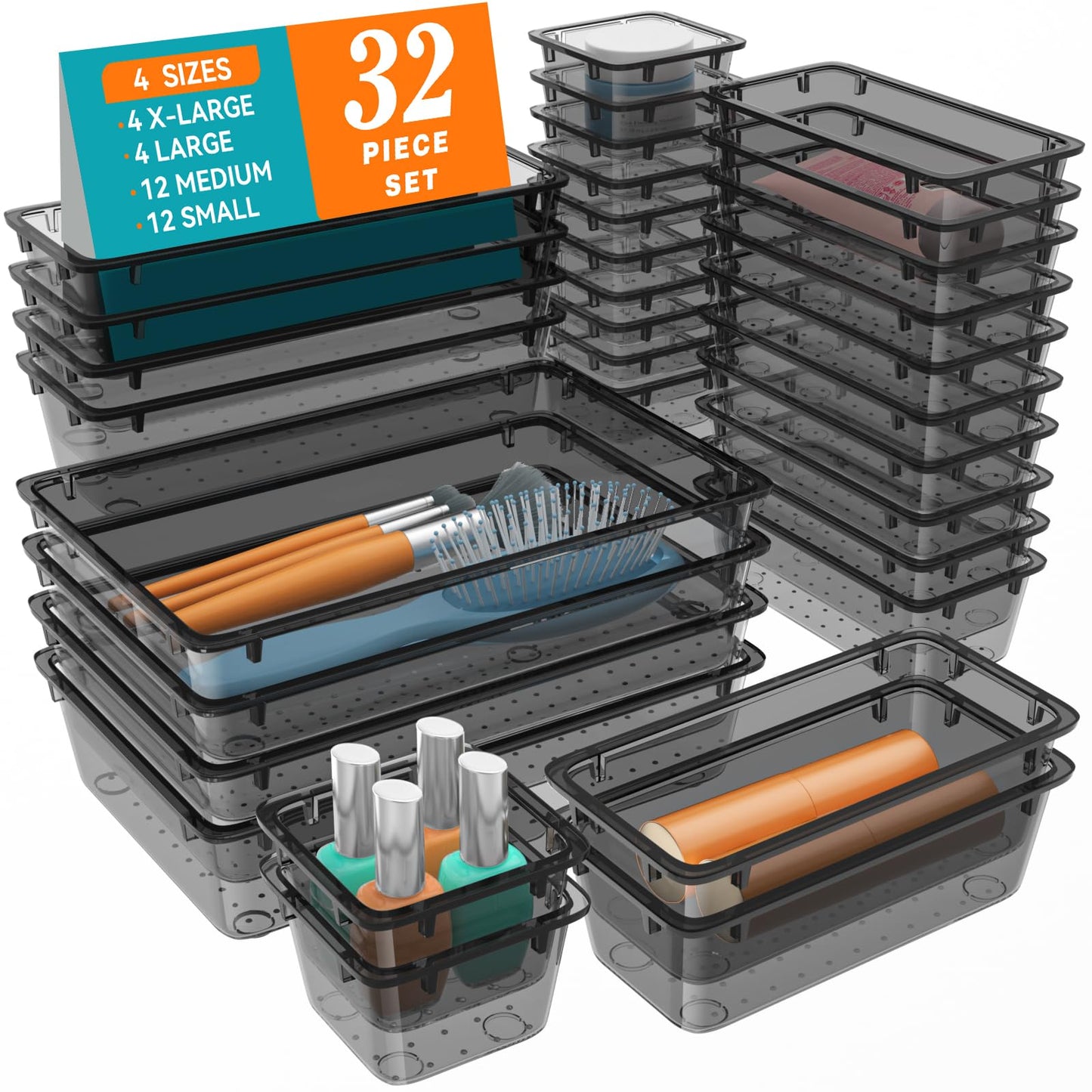 32-Piece Clear Plastic Drawer Organizer Set – 4 Sizes