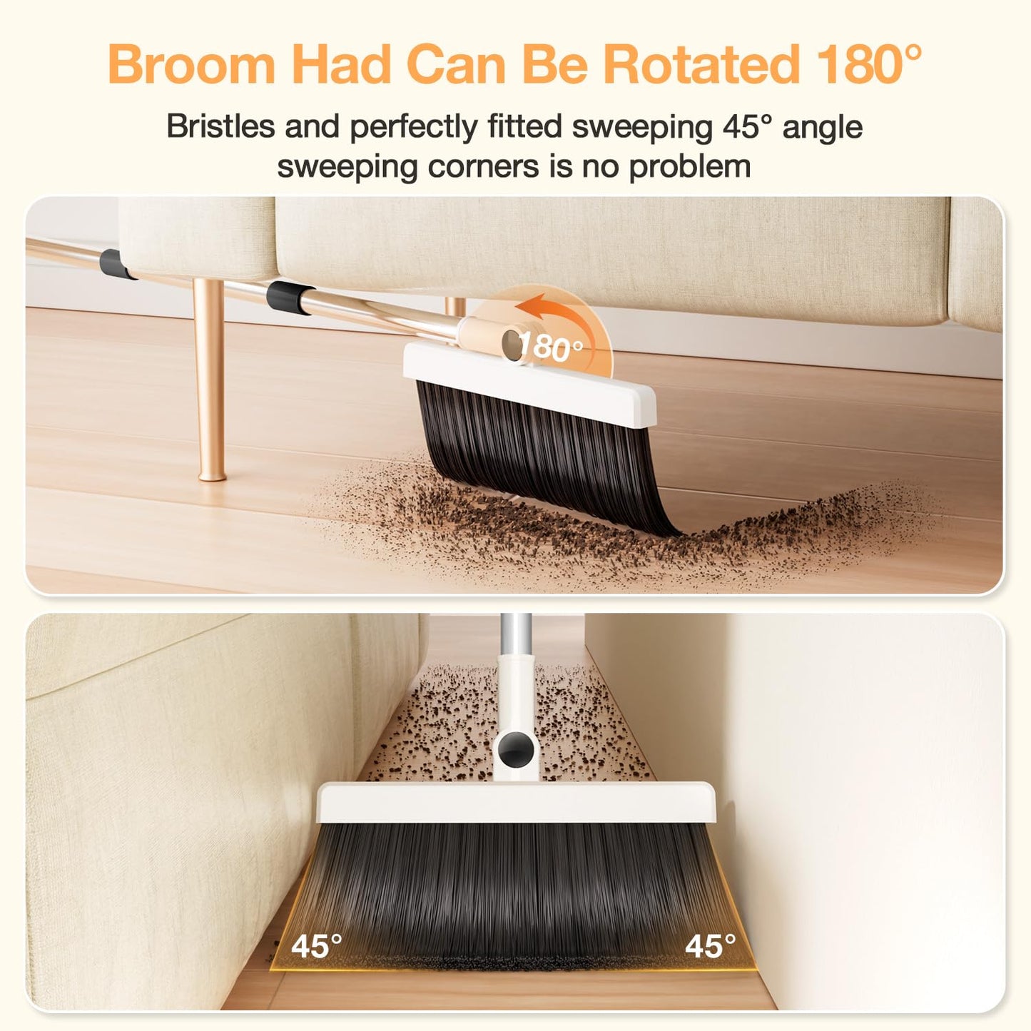 Broom with Dustpan Combo Set,UOEOS One-Sweep Clean,Pet Hair Removal Broom with Self-Cleaning Double-Layer Teeth,High Density Broom and Windproof Dustpan for Indoor&Outdoor,Standing Broom Holder Set
