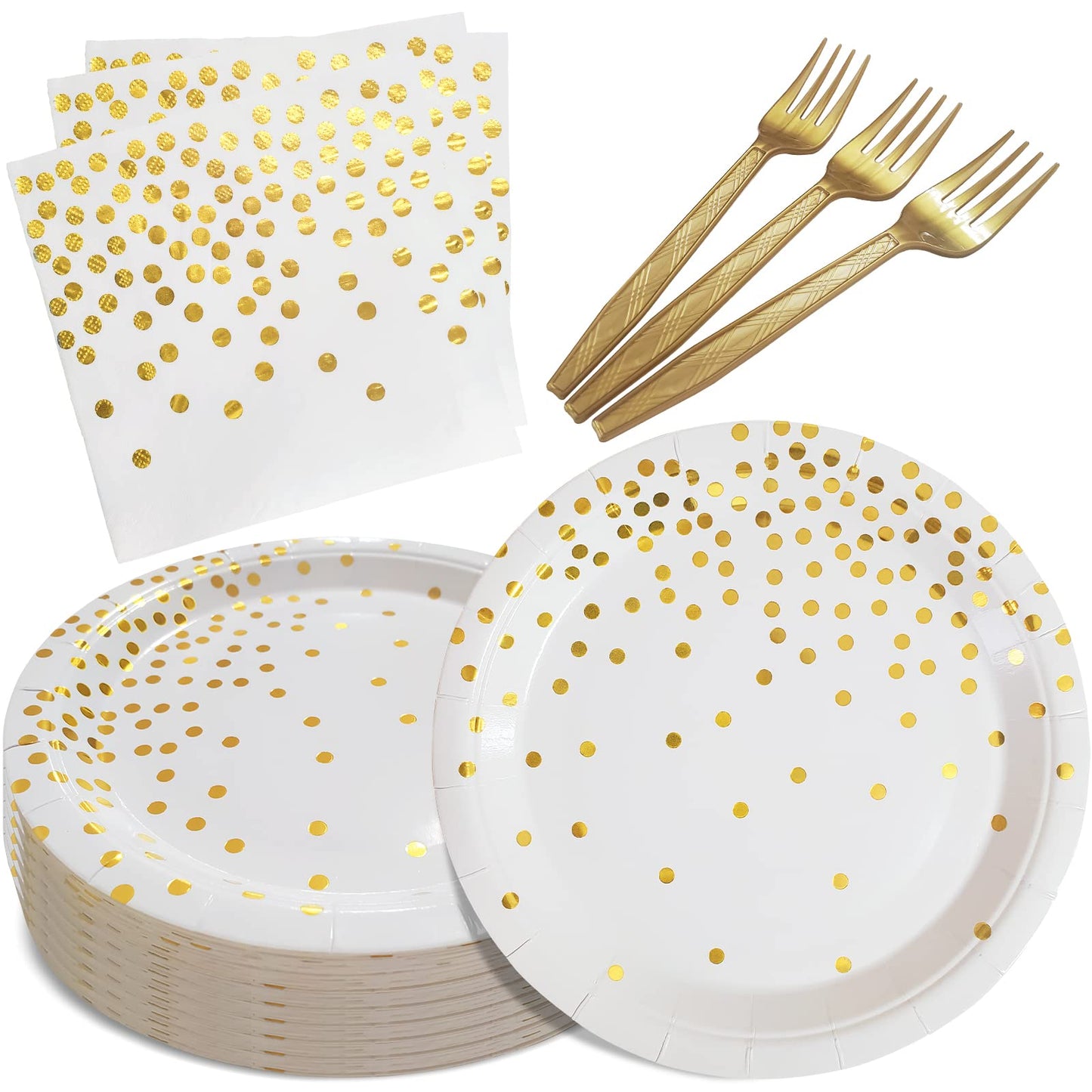White and Gold Paper Plates Napkins and Forks Party Supplies 105 Pcs
